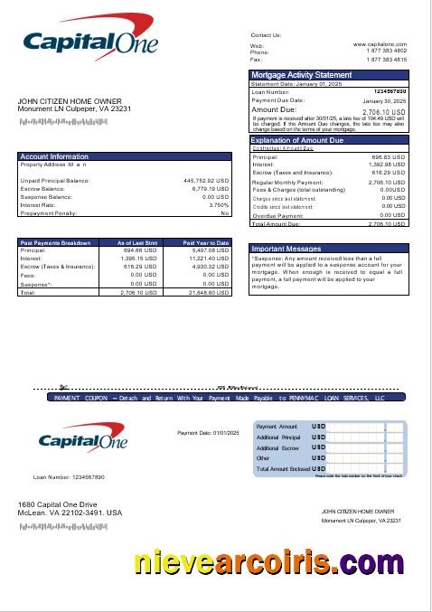 USA Capital One bank mortgage statement